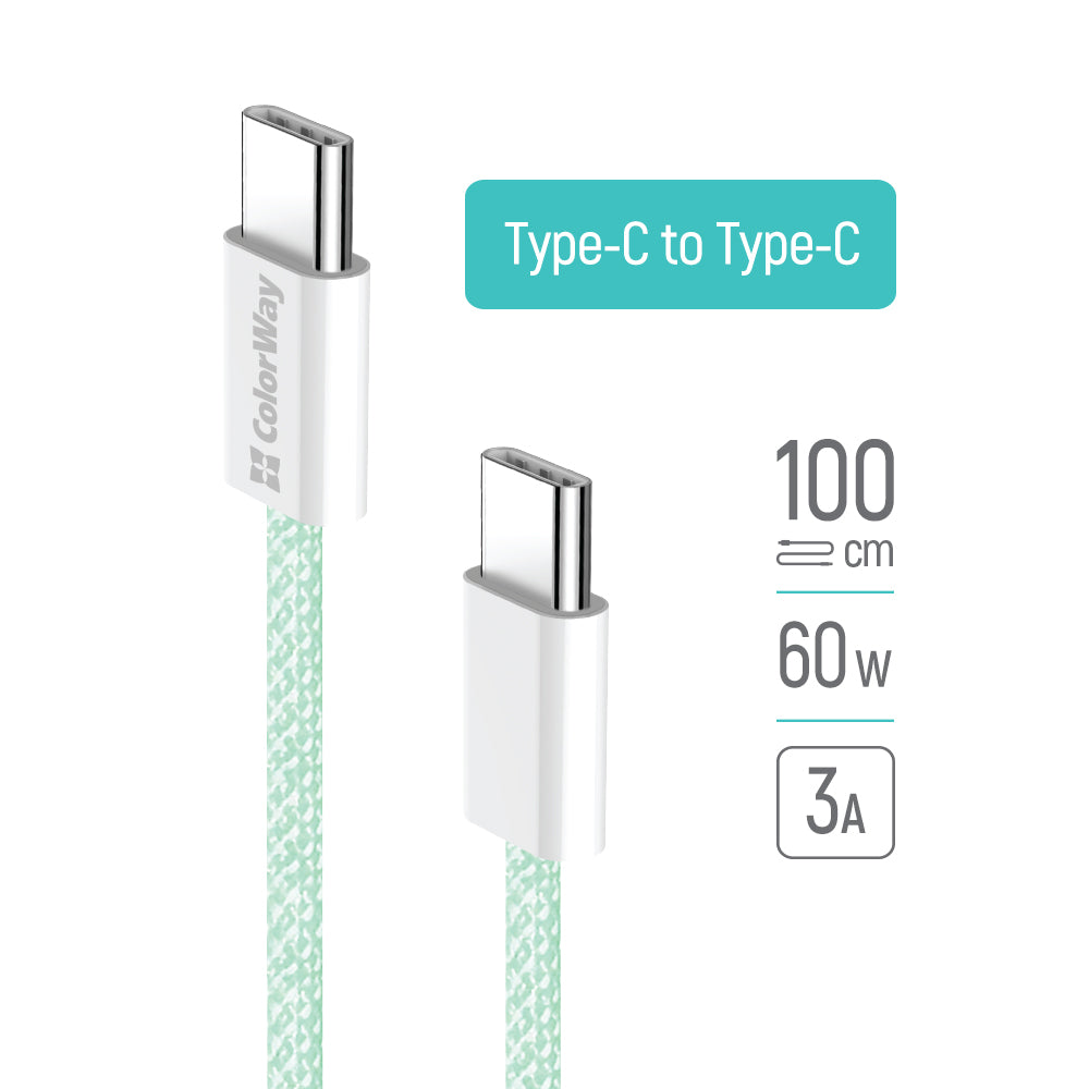 Кабел за данни и зареждане USB-C - USB-C ColorWay CW-CBPDCC061, 60W, 1m, зелен