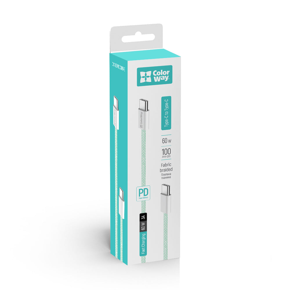 Кабел за данни и зареждане USB-C - USB-C ColorWay CW-CBPDCC061, 60W, 1m, зелен