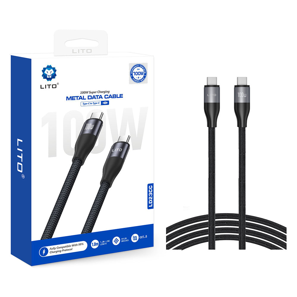 Кабел за данни и зареждане USB-C - USB-C Lito LD23CC, 100W, 1m, Сив