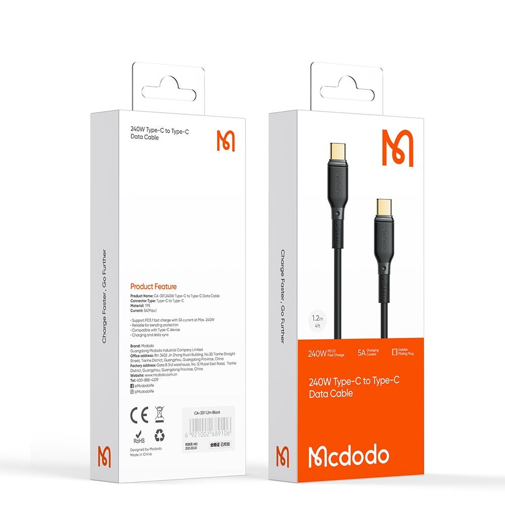 Кабел за данни и зареждане USB-C - USB-C McDodo CA-3310, 240W, 1.2m, Черен