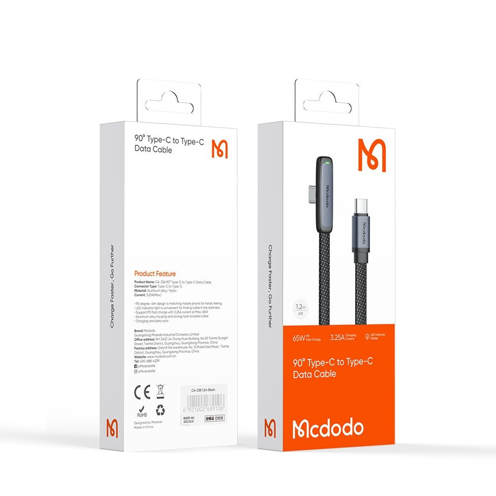 Кабел за данни и зареждане USB-C - USB-C McDodo CA-3360 Angled, 65W, 1.2m, Черен