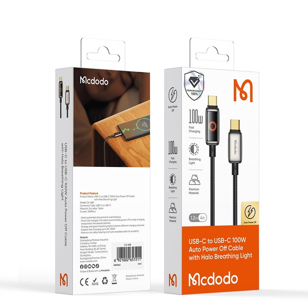 Кабел за данни и зареждане USB-C - USB-C McDodo CA-6680 Auto Power Off, 100W, 1.2m, Черен