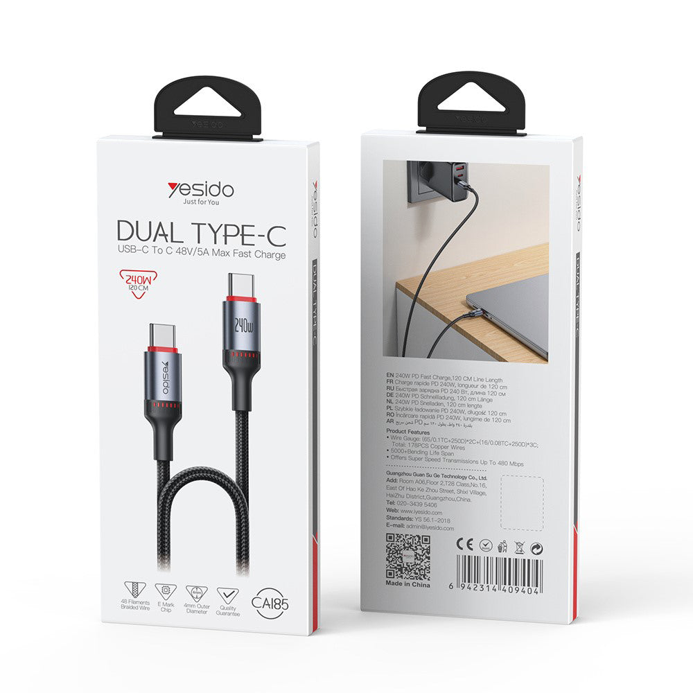 Кабел за данни и зареждане USB-C - USB-C Yesido CA185, 240W, 1.2m, Черен