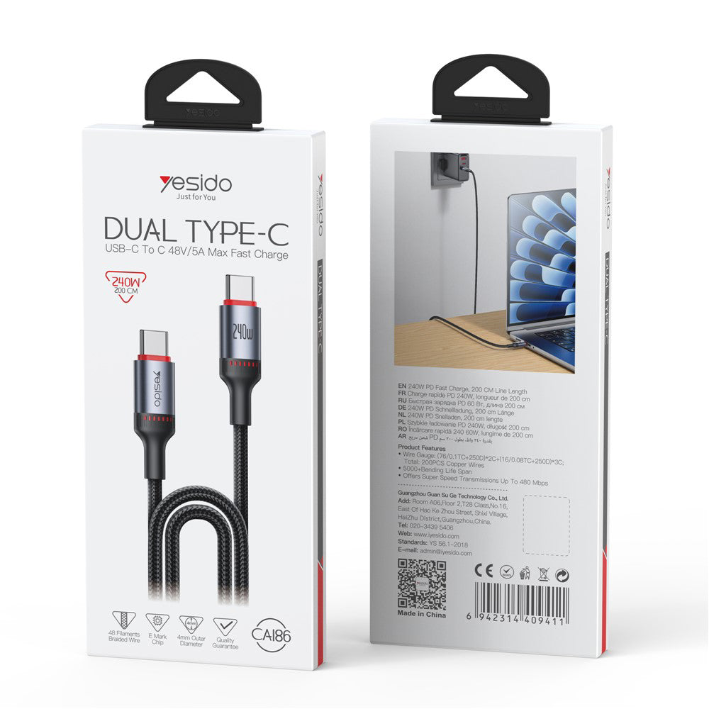 Кабел за данни и зареждане USB-C - USB-C Yesido CA186, 240W, 2m, Черен