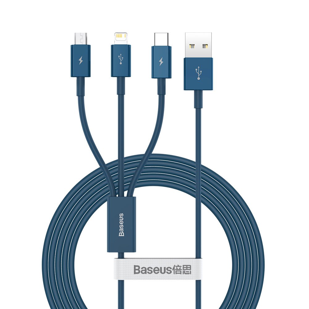 Кабел за зареждане USB-A - Lightning / microUSB / USB-C Baseus Superior 3in1 Series, 20W, 1.5m, син CAMLTYS-03