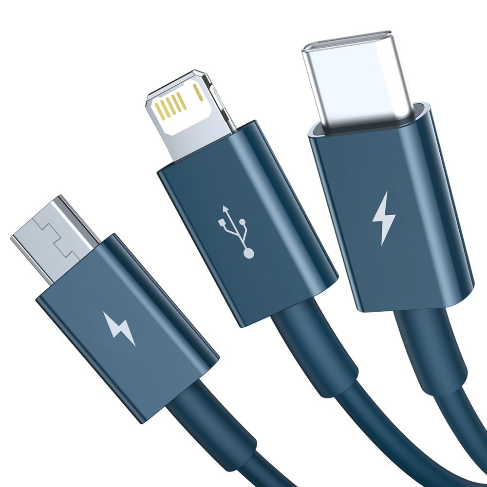 Кабел за зареждане USB-A - Lightning / microUSB / USB-C Baseus Superior 3in1 Series, 20W, 1.5m, син CAMLTYS-03