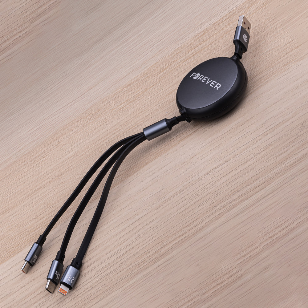 Кабел за зареждане USB-A - Lightning / 2 x USB-C Forever 3in1, 100W, 1.2m, Черен