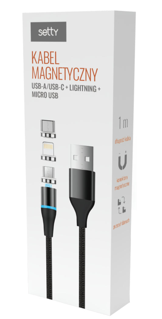 Кабел за зареждане USB-A - Lightning / microUSB / USB-C Setty Magnetic DT 3in1, 12.5W, 1m, Черен