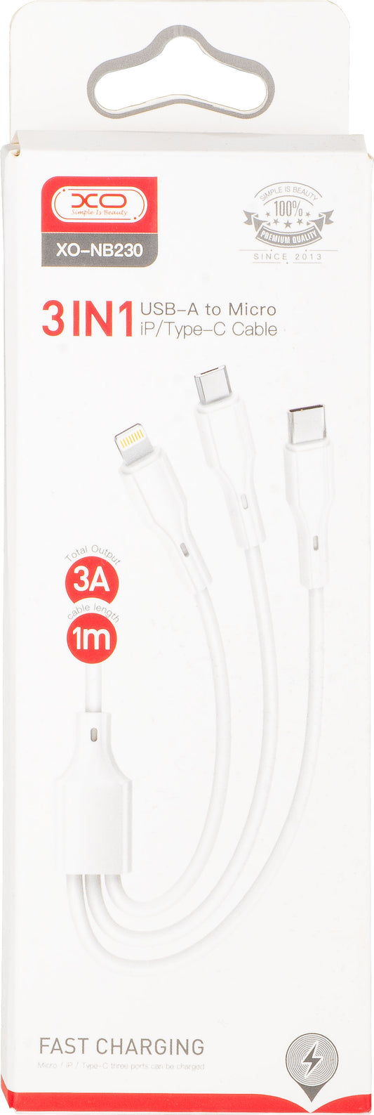 Кабел за зареждане USB-A - Lightning / microUSB / USB-C XO Design NB230 3в1, 20W, 1m, Бял