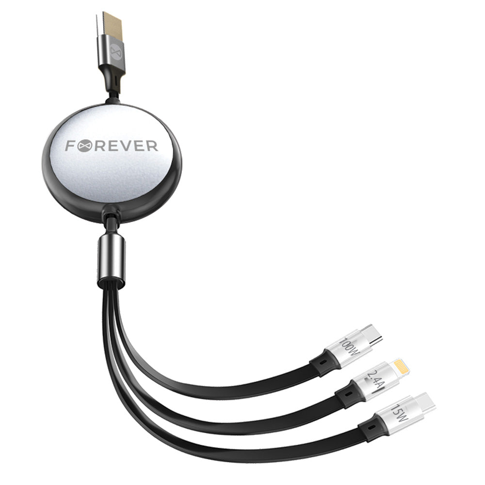 Кабел за зареждане USB-A - Lightning / 2 x USB-C Forever 3in1, 100W, 1.2m, Черен