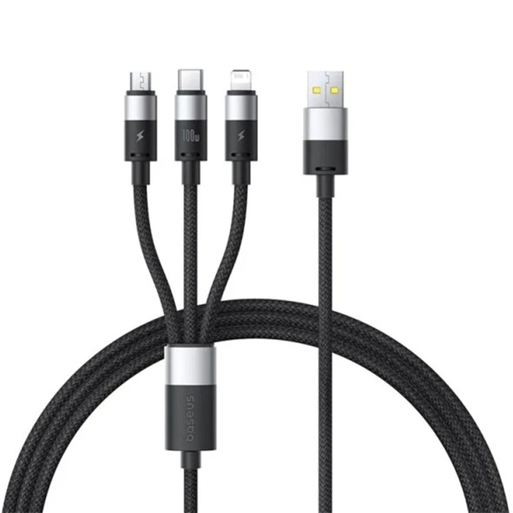 Кабел за зареждане USB-A - Lightning / microUSB / USB-C Baseus StarSpeed 3in1, 100W, 1.5m, Черен P10319900111-01