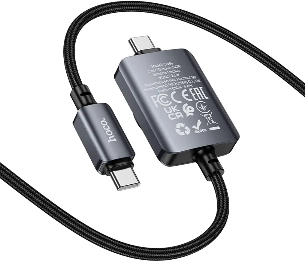 Кабел за зареждане USB-C - USB-C HOCO CW66 2в1, 100W, 1.2м, Черен