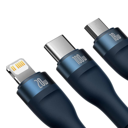 Кабел за зареждане USB-C - Lightning / microUSB / USB-C Baseus Flash Series II 3in1, 100W, 1.5m, Син P10382702121-01