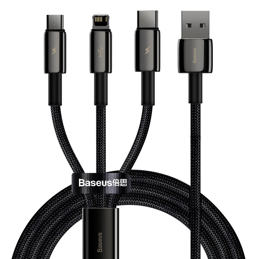 USB-A - Lightning / microUSB / USB-C кабел за зареждане Baseus Tungsten Gold 3in1, 18W, 1.5m, черен CAMLTWJ-01