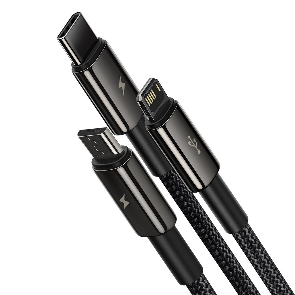 USB-A - Lightning / microUSB / USB-C кабел за зареждане Baseus Tungsten Gold 3in1, 18W, 1.5m, черен CAMLTWJ-01