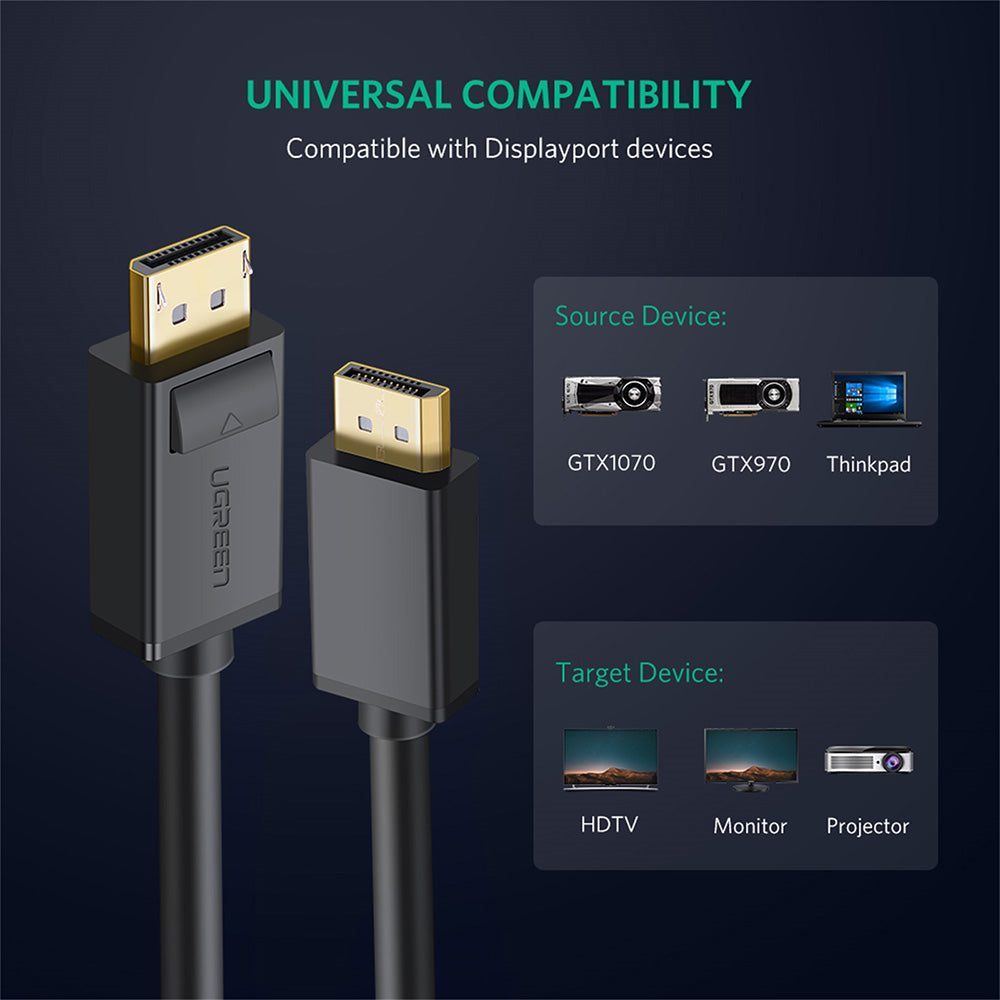 Видео кабел UGREEN DP102, DisplayPort - DisplayPort, 4K, 2m, Черен