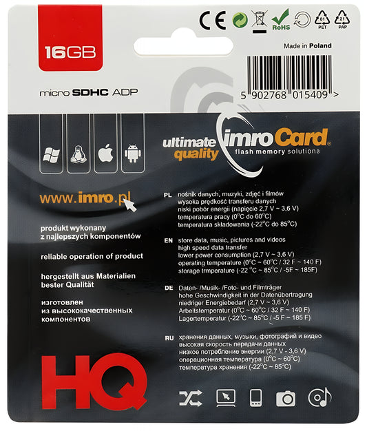 Карта памет microSDHC Imro, 16Gb, Клас 4, С адаптер