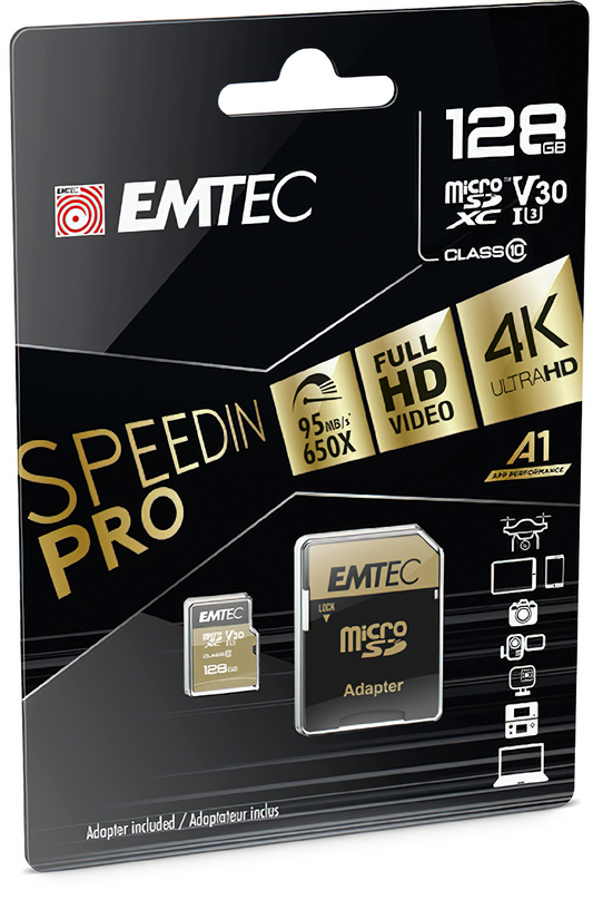Карта памет microSDXC Emtec Speedin Pro Android A1, 128Gb, Клас 10 / UHS-1 U3, с адаптер ECMSDM128GXE