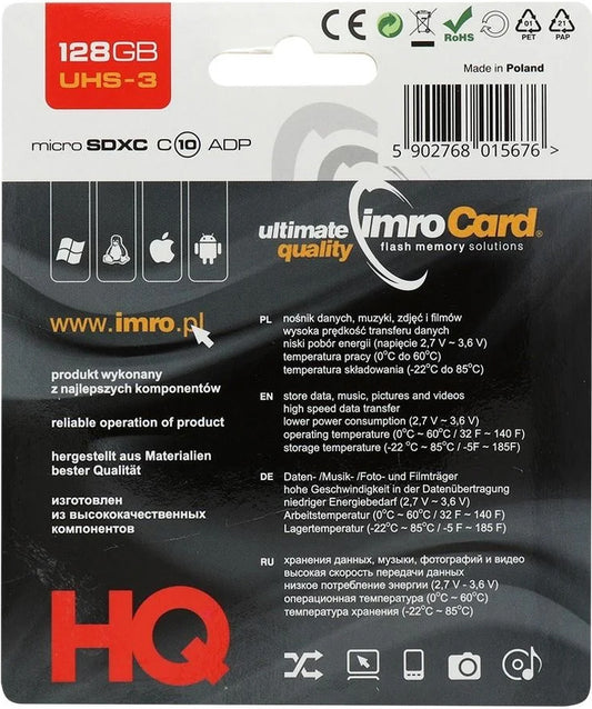 Карта памет microSDXC Imro, 128Gb, Клас 10 / UHS-1 U3, С адаптер