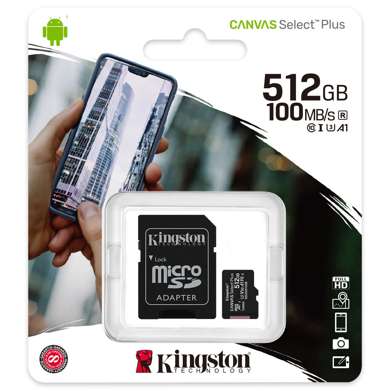 Карта памет microSDXC Kingston Canvas Select Plus Android A1, 512Gb, Клас 10 / UHS-1 U3, с адаптер SDCS2/512GB