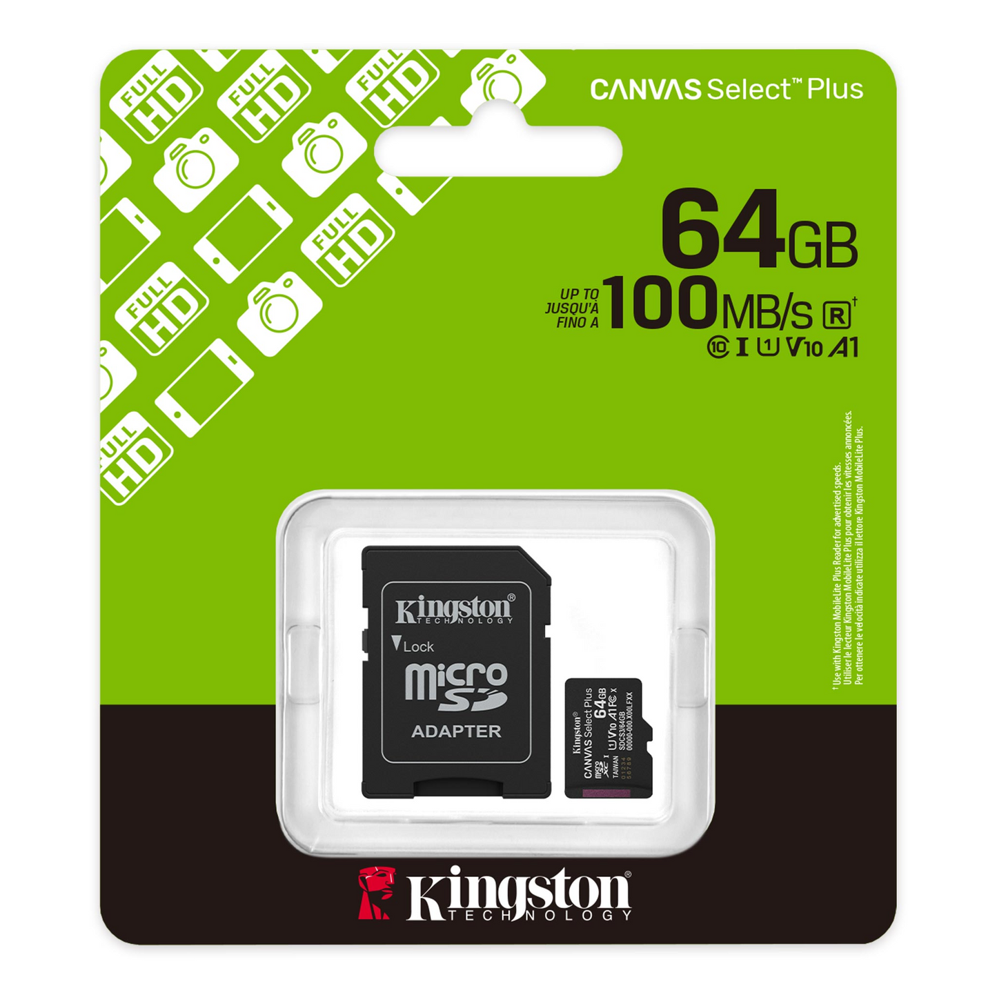 Карта памет microSDXC Kingston Canvas Select Plus Android A1, 64Gb, Клас 10 / UHS-1 U1, С адаптер SDCS3/64GB