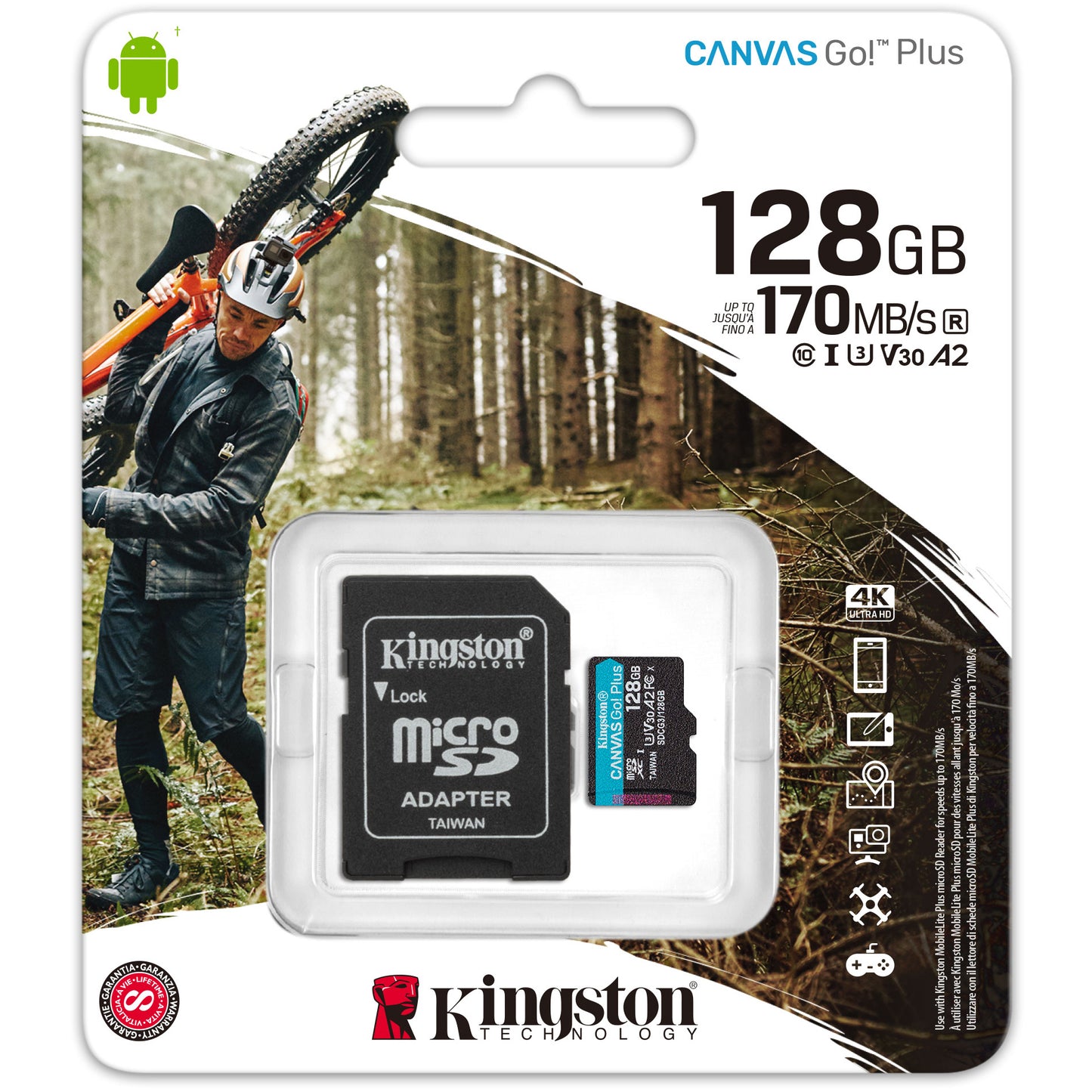 Карта памет microSDXC Kingston Canvas Go Plus Android A2, 128Gb, Клас 10 / UHS-1 U3, с адаптер SDCG3/128GB