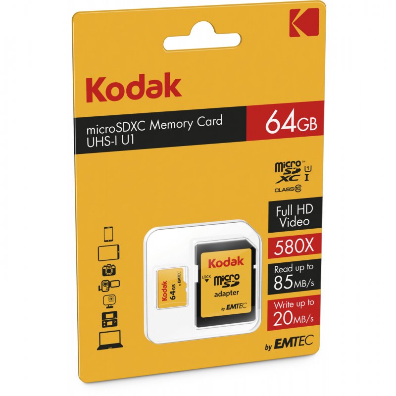 Карта памет microSDXC Kodak, 64Gb, Клас 10 / UHS-1 U1, С адаптер EKMSDM64GXC10K