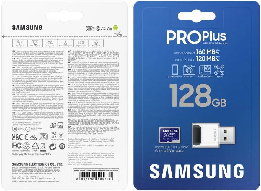 Карта памет microSDXC Samsung PRO Plus, 128Gb, Клас 10 / UHS-1 U3, С четец за карти и адаптер MB-MD128KB/WW