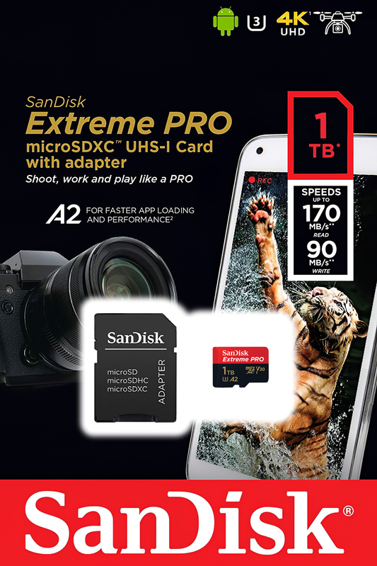 microSDXC карта памет SanDisk Extreme Pro, 1TB, Клас 10 / UHS-1 U3, с адаптер SDSQXCD-1T00-GN6MA