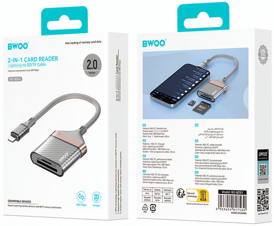 Четец на карти Lightning BWOO BZ63, SD – microSD, сив