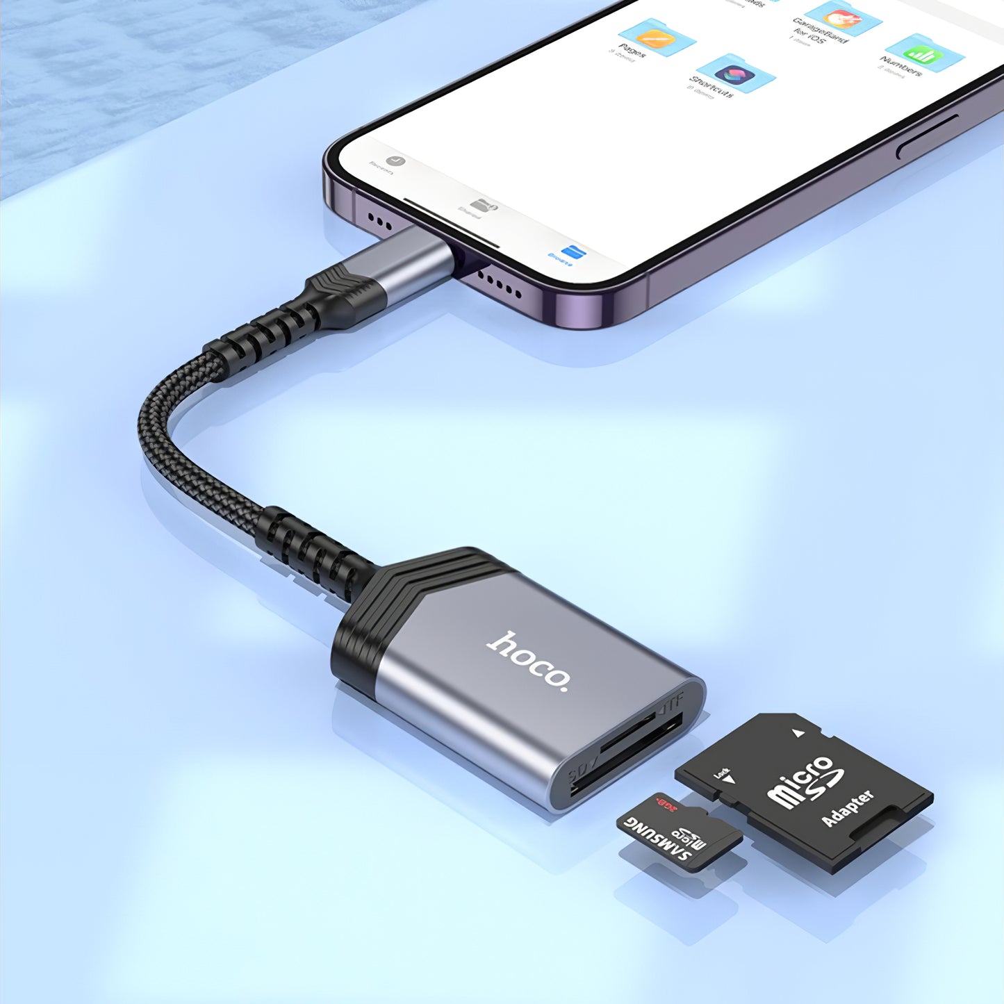 Четец за карти Lightning HOCO UA25, SD - microSD, Сив