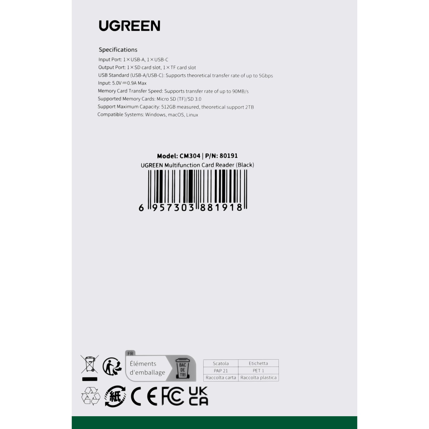 Четец на карти USB / USB-C UGREEN CM304, SD - microSD, черен