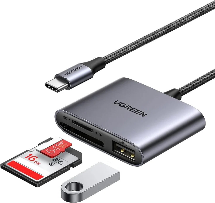 Четец за карти USB-C UGREEN CM387, USB-A (OTG) - SD - microSD, Черен