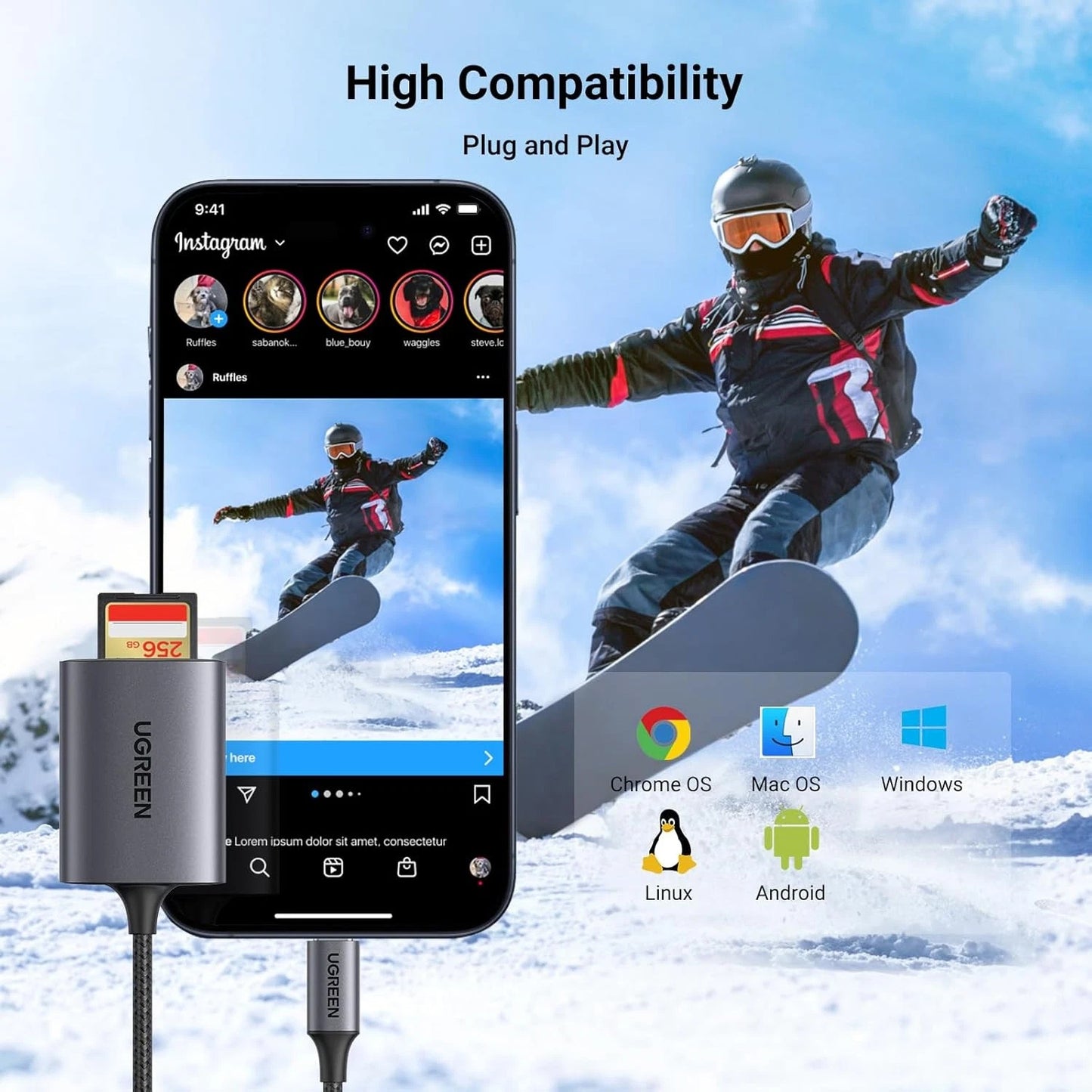 Четец за карти USB-C UGREEN CM401, SD - microSD, Сив