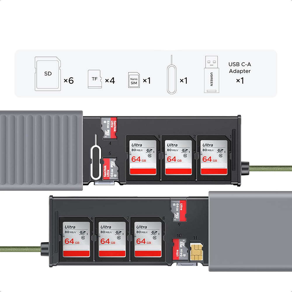 Четец за карти USB / USB-C с органайзер UGREEN CM856 (55899), 2 x SD - microSD, Сив