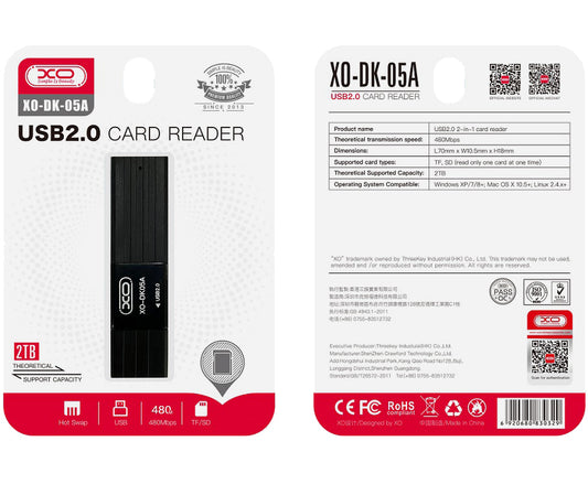 USB четец за карти XO Design DK05A, SD - microSD, черен