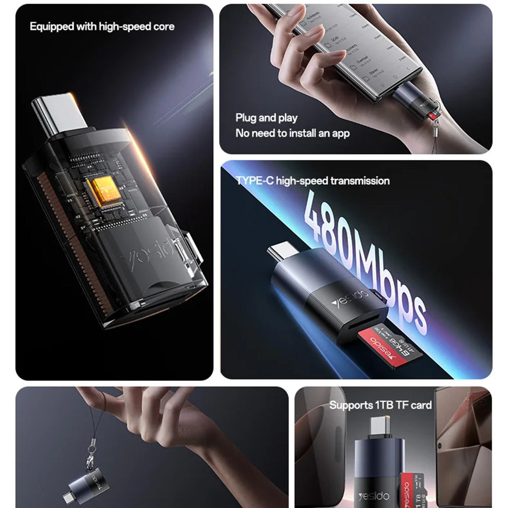 Четец за карти USB-C Yesido GS37, microSD, Черен