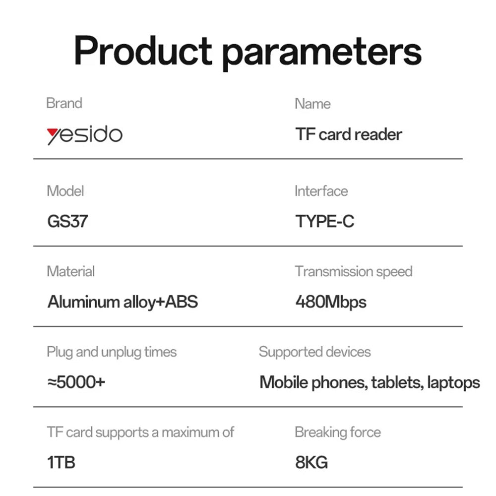 Четец за карти USB-C Yesido GS37, microSD, Черен