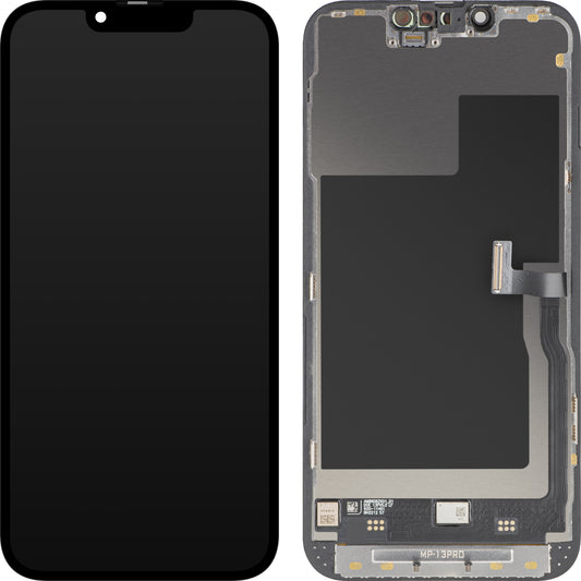 Дисплей с MP сензорен екран, съвместим с Apple iPhone 13 Pro, с рамка, премиум версия Soft OLED FHD 120Hz диагностичен, черен
