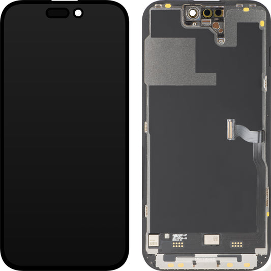 Дисплей с MP сензорен екран, съвместим с Apple iPhone 14 Pro, с рамка, премиум версия Soft OLED FHD 120Hz диагностичен, черен