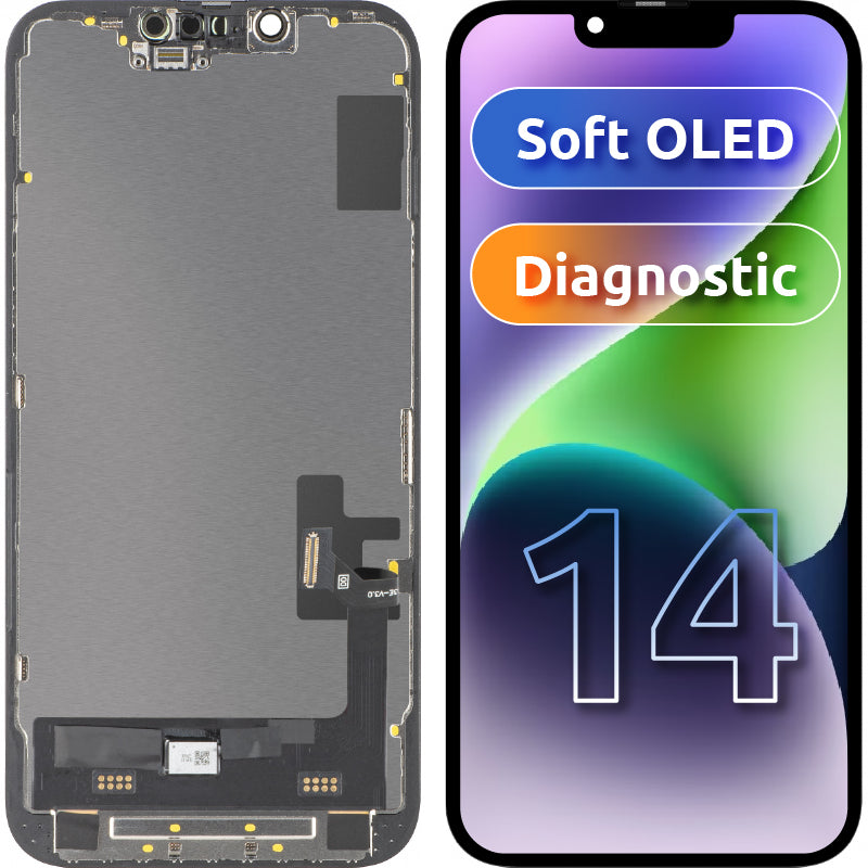 Дисплей с тъчскрийн MP, съвместим с Apple iPhone 14, с рамка, версия Soft OLED FHD Diagnostic, черен