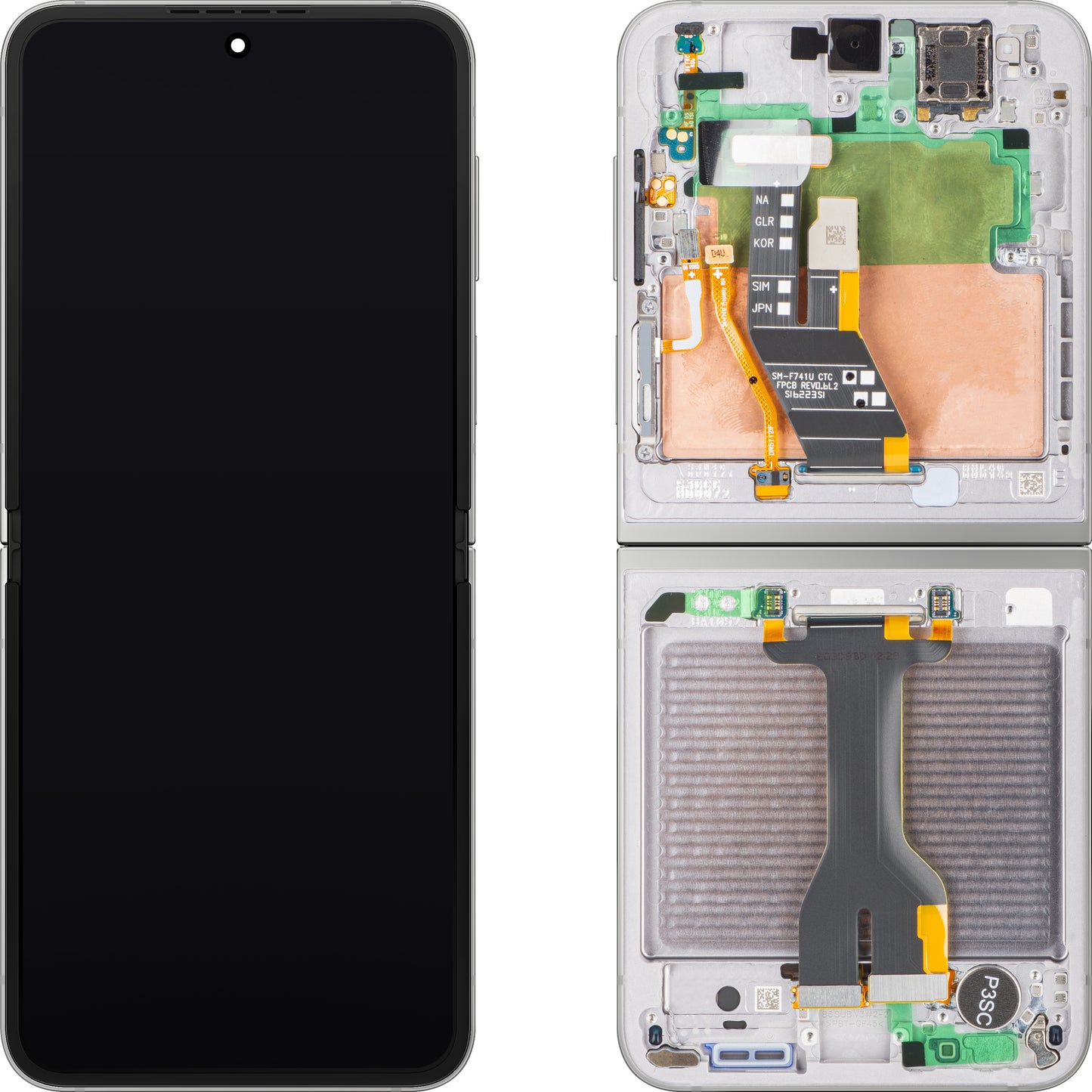 Дисплей с тъчскрийн Samsung Galaxy Z Flip6 F741, с рамка, подложка, сребрист (Silver Shadow), комплект за сервиз GH82-35013A