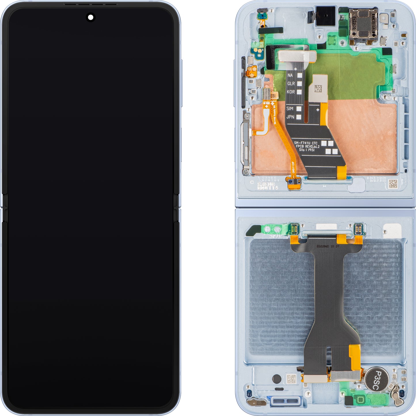 Дисплей с тъчскрийн Samsung Galaxy Z Flip6 F741, с рамка, подложка, син, сервизен пакет GH82-35014C