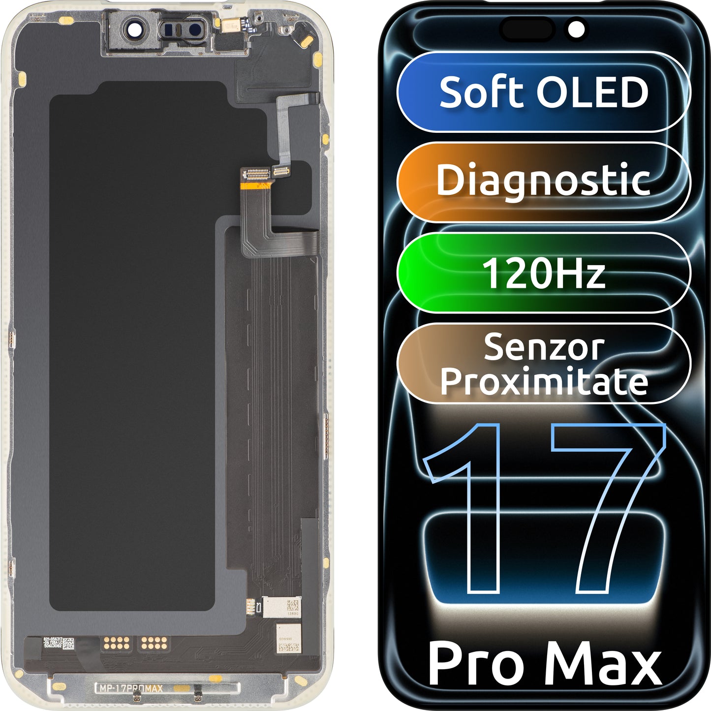 Дисплей с тъчскрийн и сензор за близост и светлина MP, съвместим с Apple iPhone 17 Pro Max, с рамка, софтуерна версия OLED FHD 120Hz диагностичен, черен