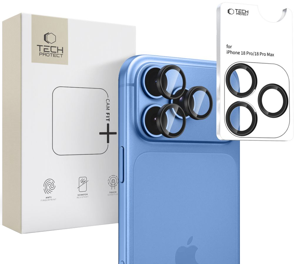 Протектор за задна камера Tech-Protect CamRing Fit+ за Apple iPhone 18 Pro / 18 Pro Max, закалено стъкло, черен