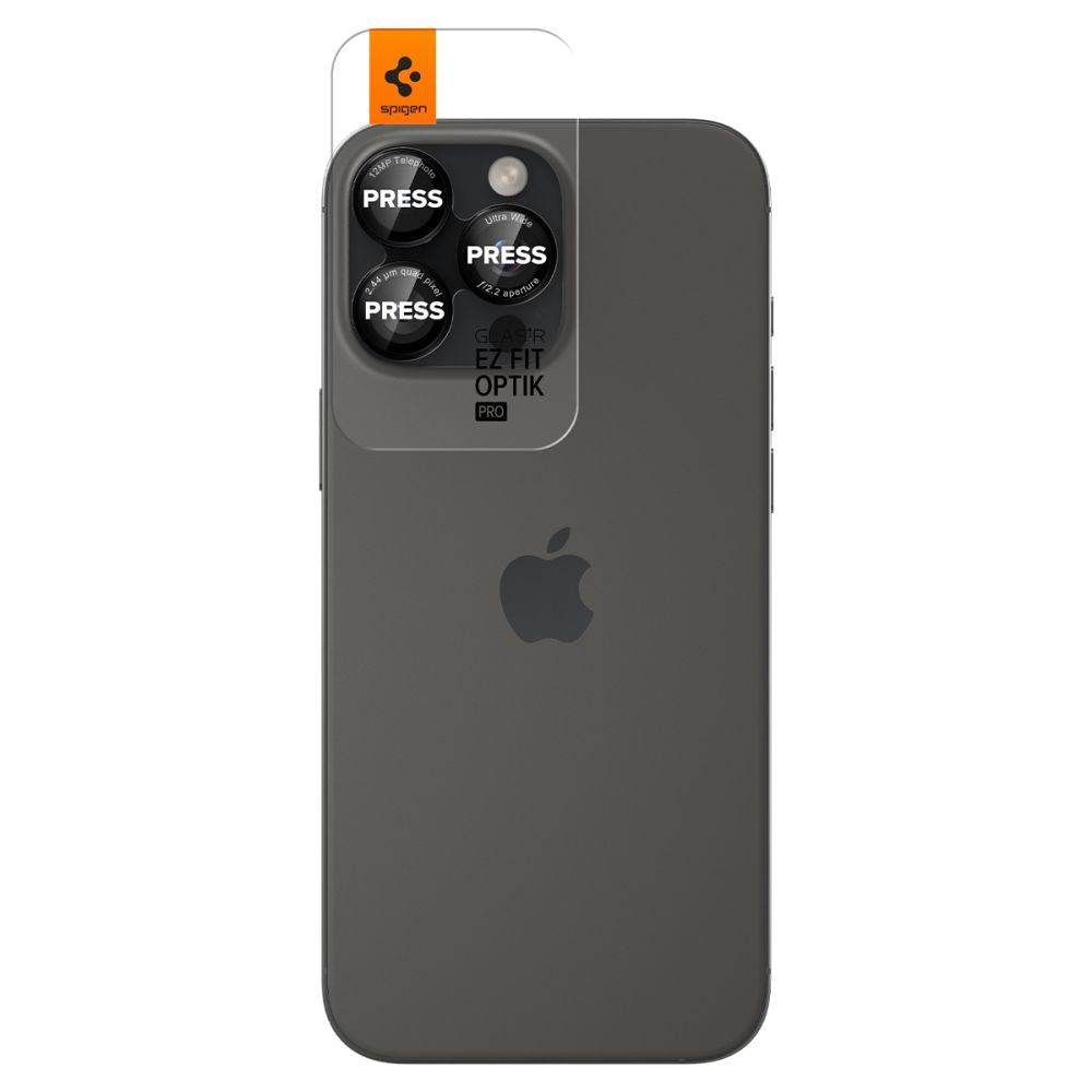 Защитно фолио за задна камера Spigen EZ FIT за Apple iPhone 16 Pro Max / 16 Pro / 15 Pro Max, със стъклена защита, комплект 2 броя, черен AGL05217