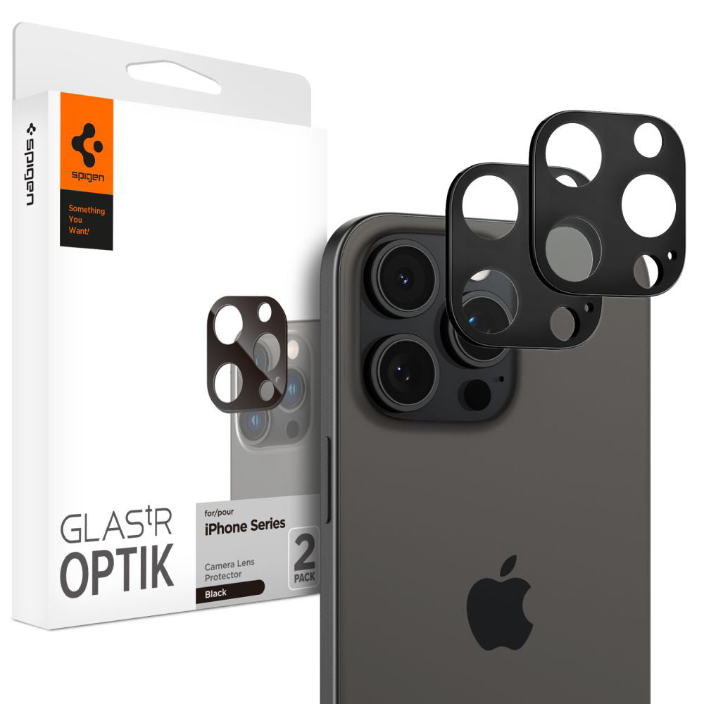 Spigen Optik Защитно фолио за задна камера за Apple iPhone 15 Pro Max / 15 Pro, със стъклена защита, пълно залепване, комплект 2 броя, черно AGL05273
