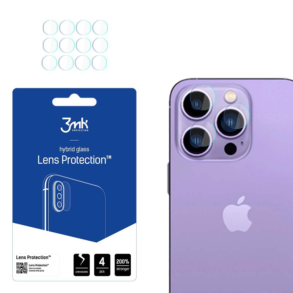 Протектор за задна камера 3MK Protection за Apple iPhone 14 Pro Max / 14 Pro, гъвкаво стъкло, комплект от 4 броя, прозрачен