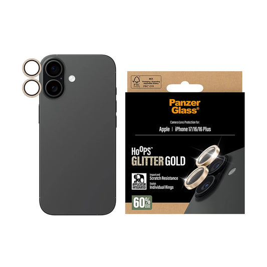 Защитно фолио за задна камера PanzerGlass Hoops Glitter за Apple iPhone 17 / 16 Plus / 16, Закалено стъкло, Златисто