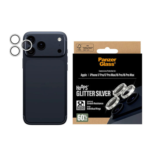 Защитно фолио за задна камера PanzerGlass Hoops Glitter за Apple iPhone 17 Pro Max / 17 Pro / 16 Pro Max / 16 Pro, закалено стъкло, сребристо.